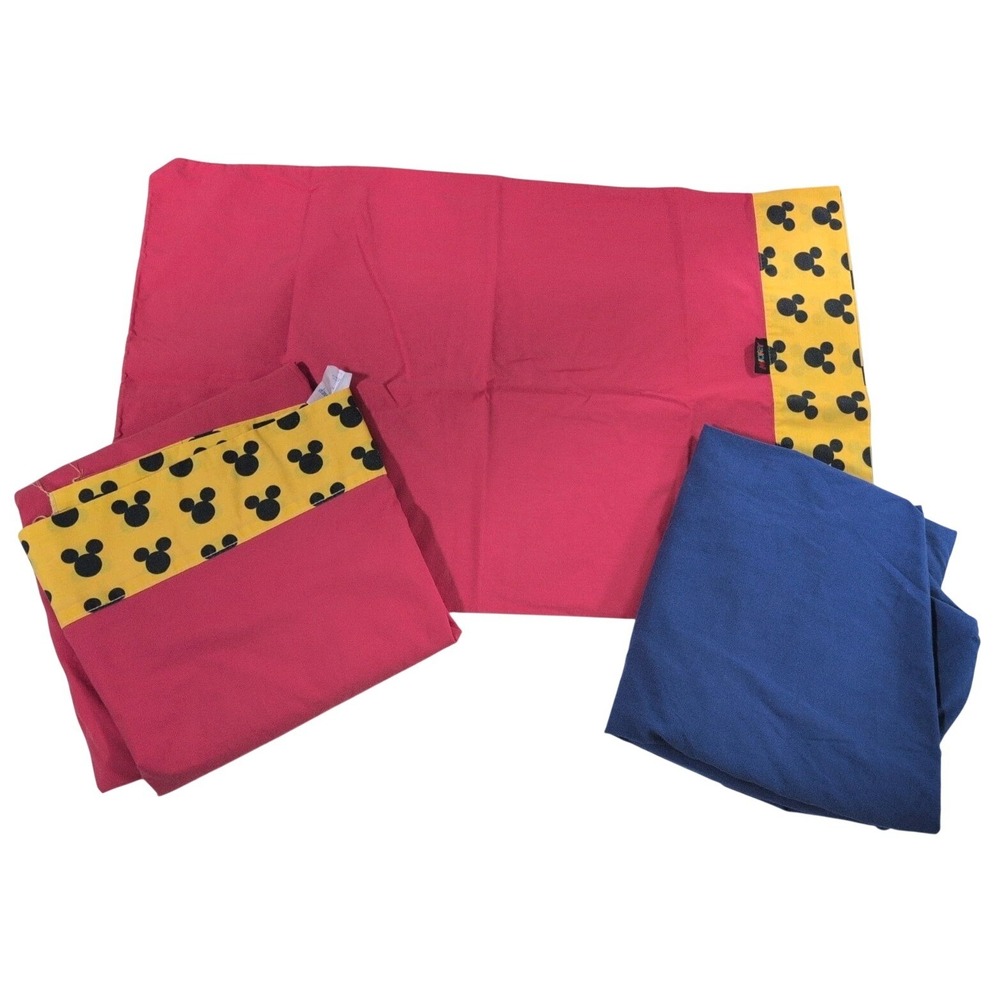 Vintage 90's 3 Piece Walt Disney Color Block Coral & Blue Mickey Twin Sheet Set